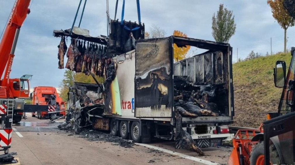 Un camion cu carcase de porc a ars complet. Autostrada a fost blocată