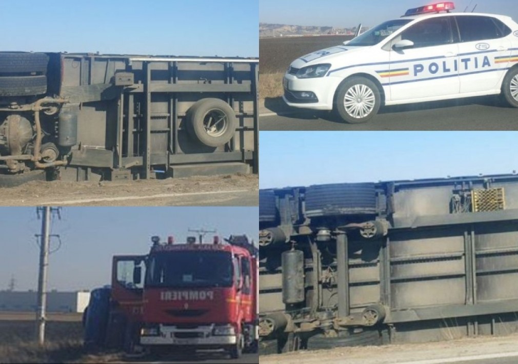 Camion cu piese auto, răsturnat în județul Alba