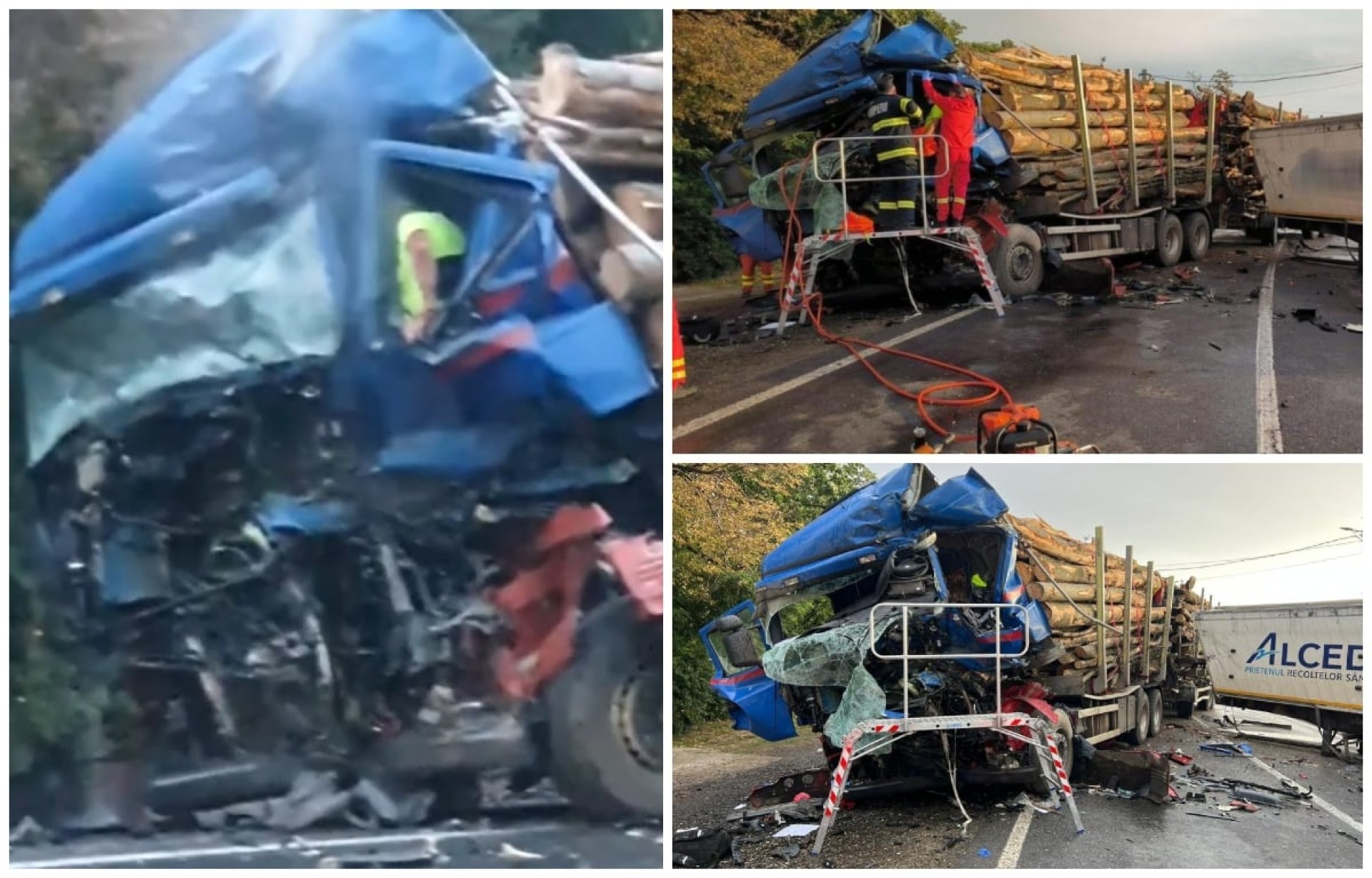 VIDEO. Șofer profesionist,  filmat blocat în cabina distrusă de impactul violent cu alt camion