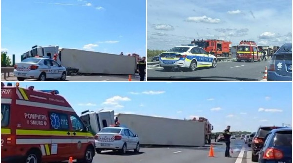Trafic blocat 7 ore pe autostradă după ce un camion din Ucraina s-a răsturnat