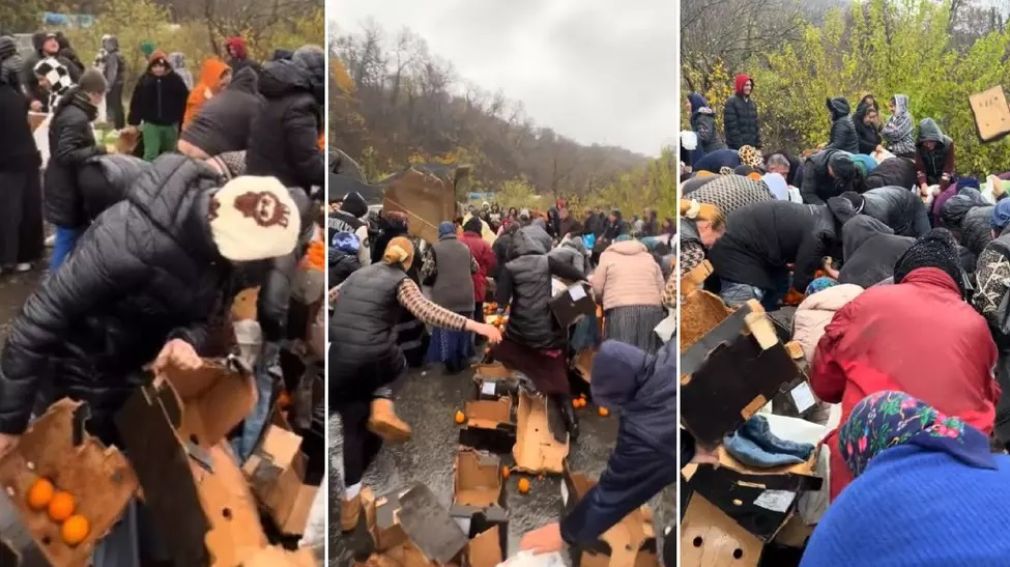 Un camion cu portocale s-a răsturnat. Localnicii au dat năvală