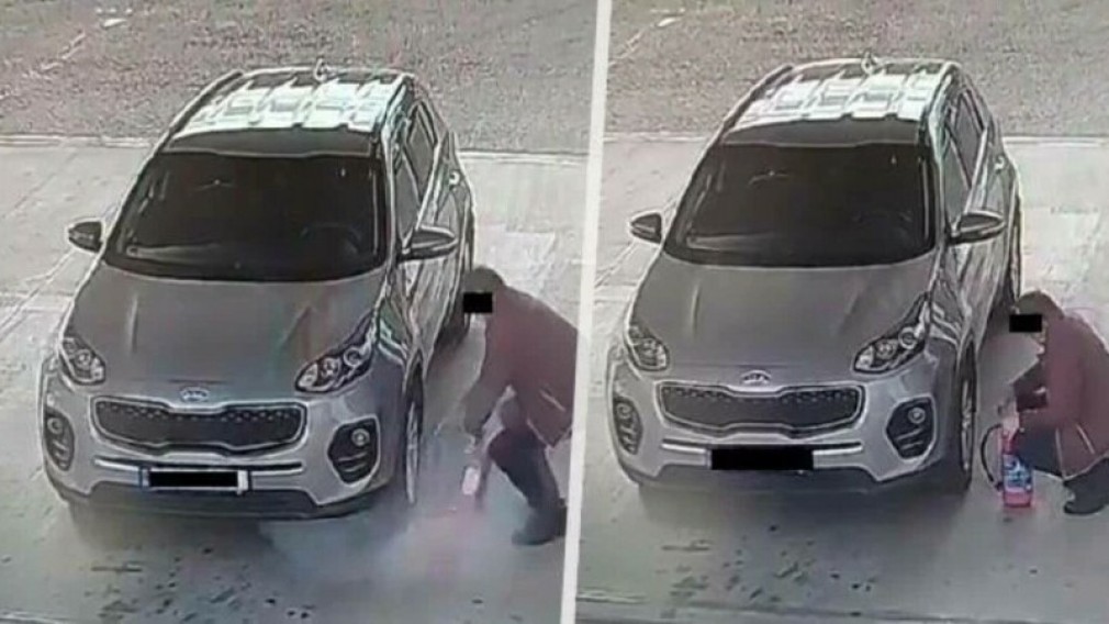 VIDEO. un șofer vrea să umfle anvelopa mașinii cu stingătorul de incendiu într-o benzinărie