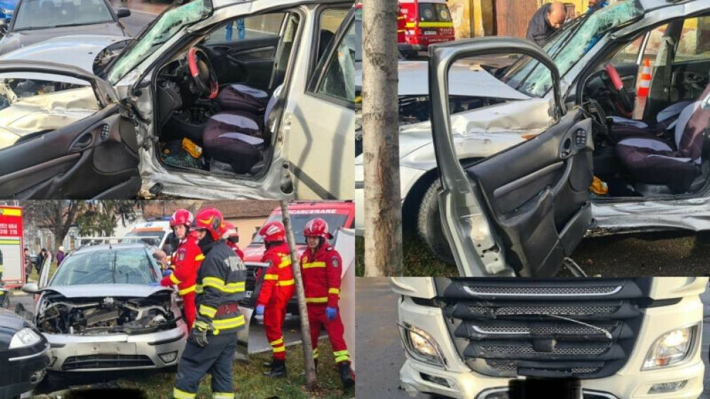 Accident grav între un camion și un autoturism. Au intervenit echipa de descarcerare și SMURD