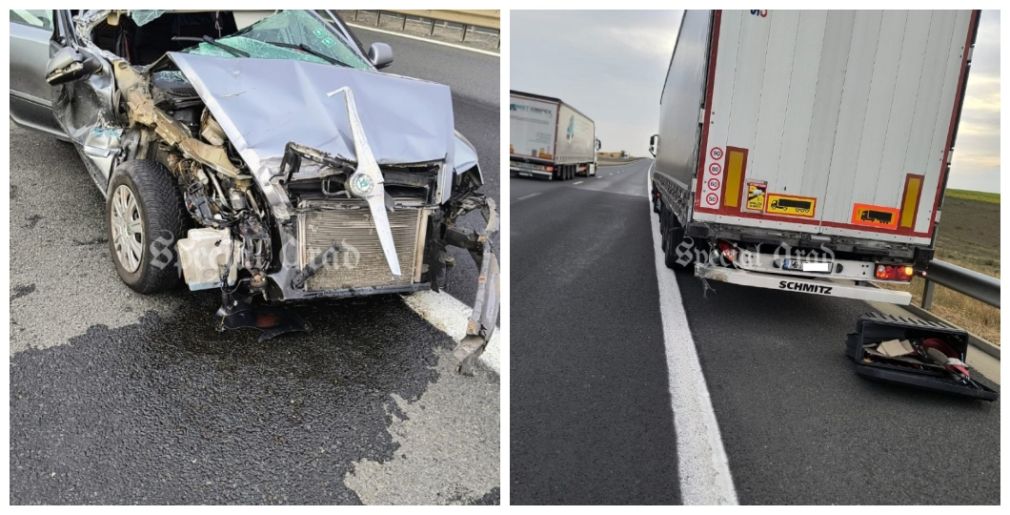 Impact violent între un camion și un autoturism pe autostradă