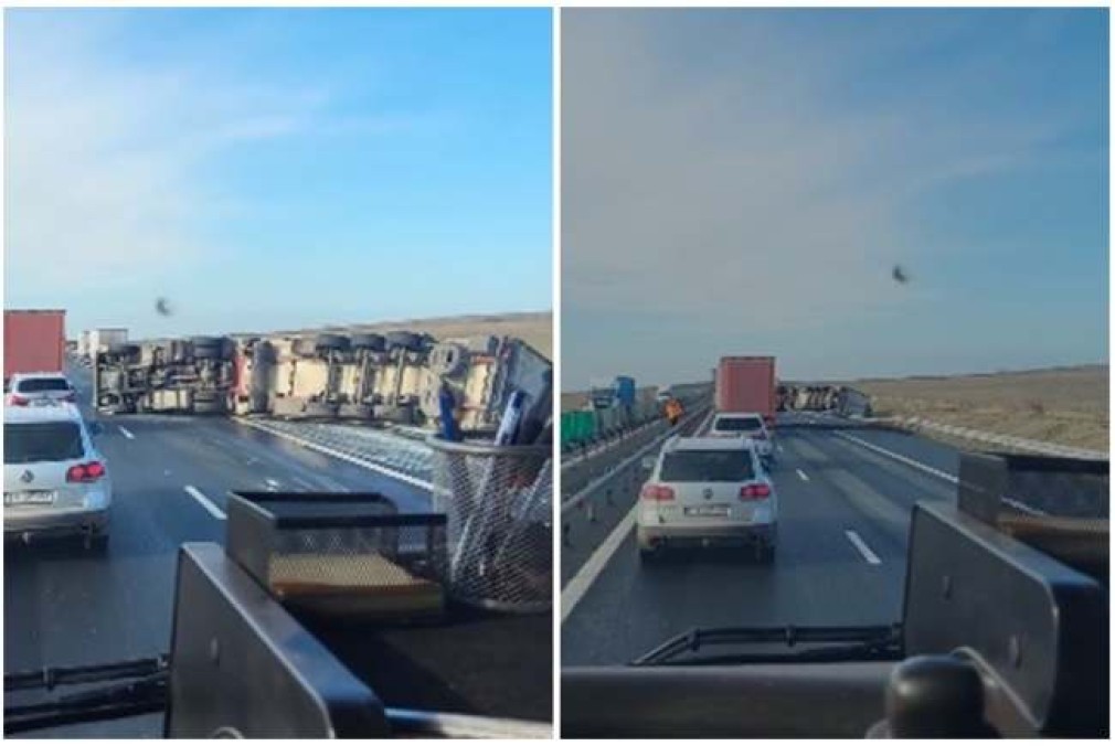 VIDEO. Un camion încărcat cu usturoi s-a răsturnat pe autostrada A1