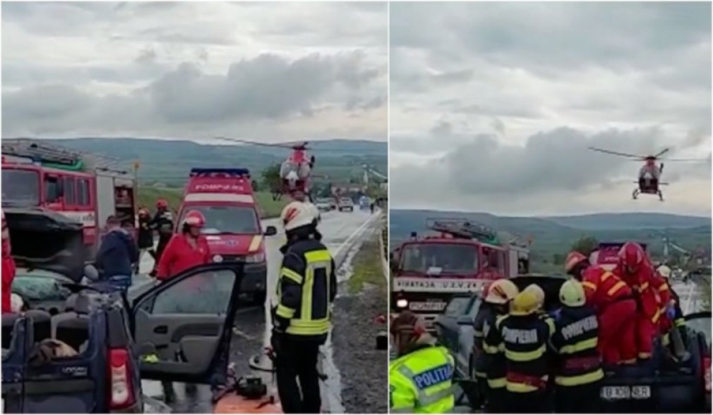 VIDEO. Opt răniți după ce un șofer a depășit un camion și s-a lovit de un alt autoturism