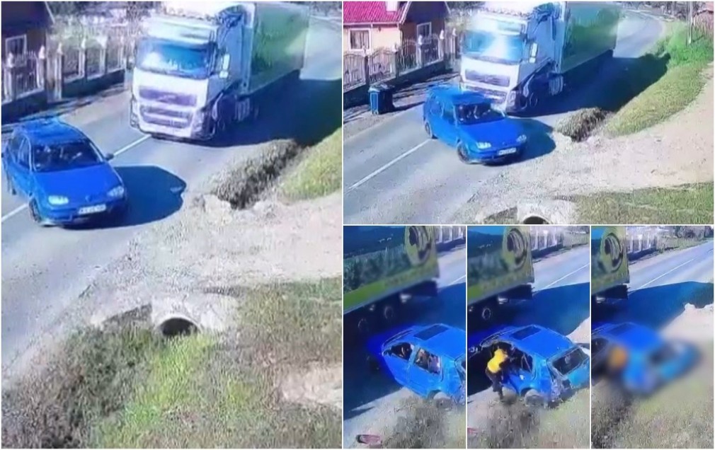 VIDEO. O maşină în care se aflau 5 persoane, printre care şi doi copii, este lovită în plin de un camion