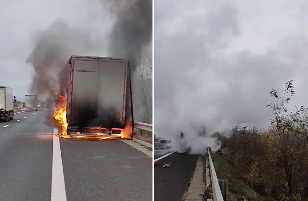 Camion în flăcări pe autostradă. Care a fost motivul?