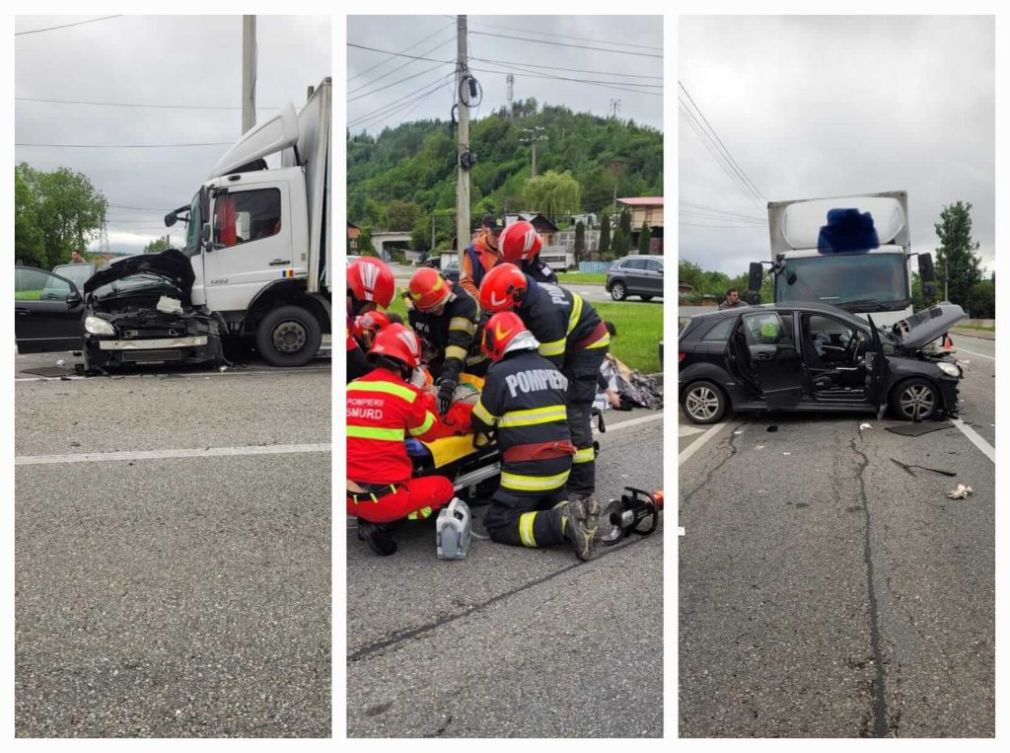 Mașină izbită de camion. Șoferul se zbate între viață și moarte