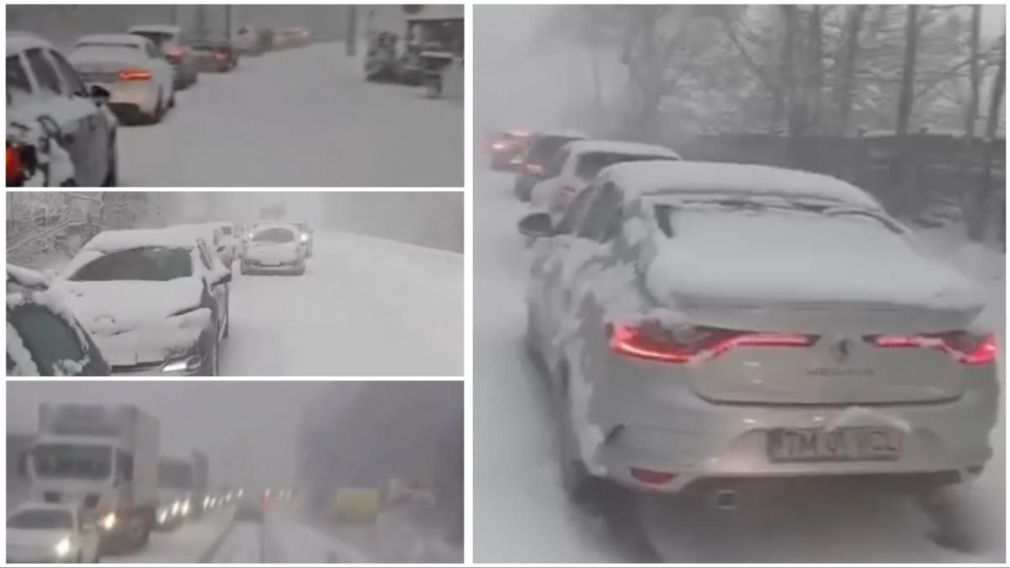 Ninge puternic pe Valea Oltului. Un camion a derapat și a blocat traficul