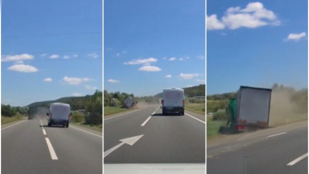 VIDEO. Momentul când explodează o anvelopă și camionul scapă de sub control pe DN1