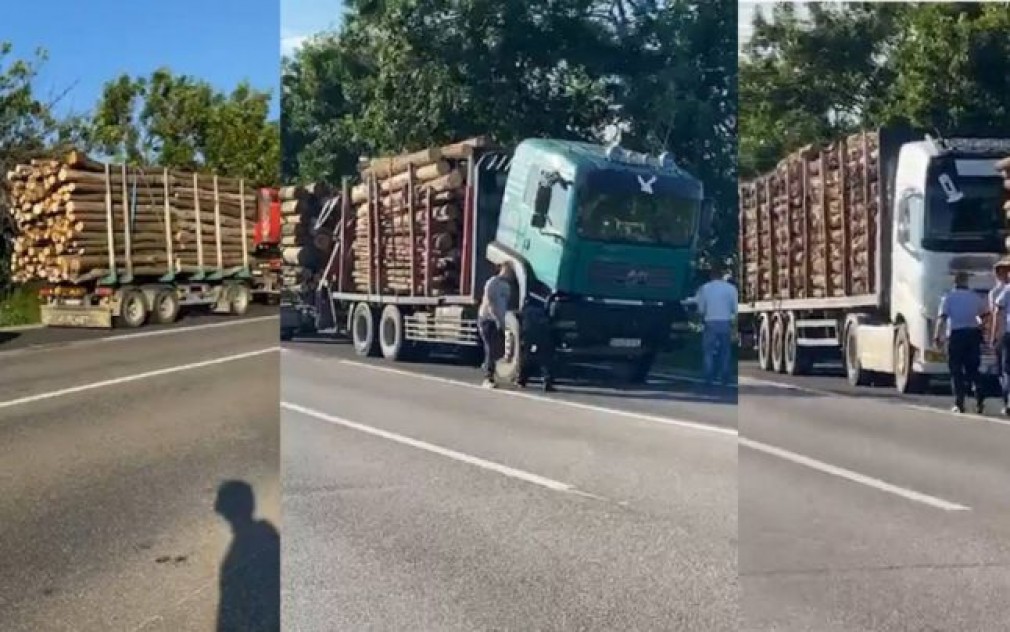 VIDEO: Șoferi de CAMION, prinși cu lemne peste capacitate, au trecut la amenințări: „te bag în ghips”