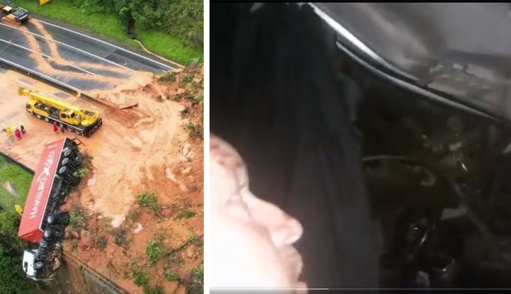 VIDEO. Un șofer profesionist s-a filmat îngrozit în cabina camionului îngropat sub tone de piatră și noroi