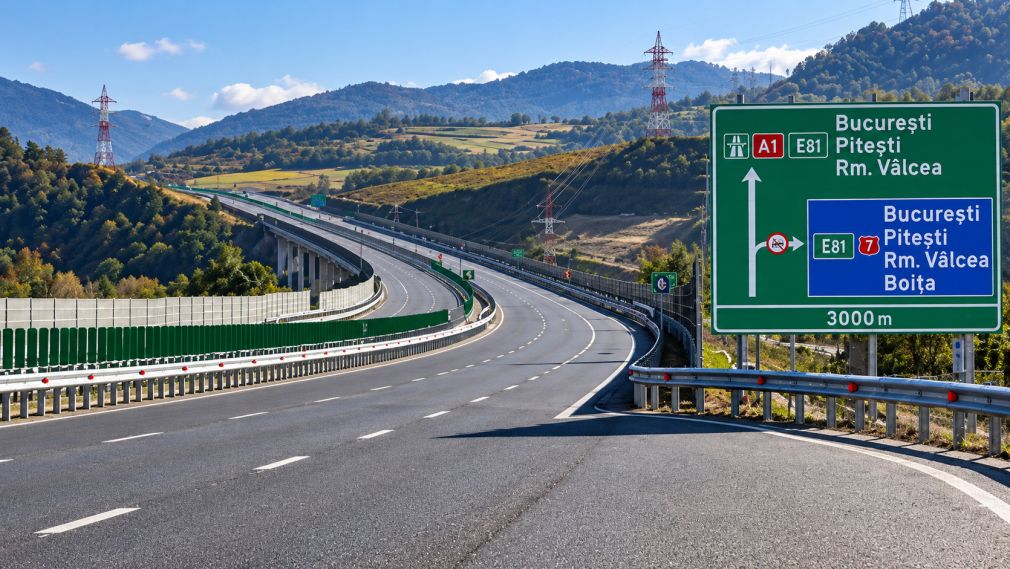 Marmură pe autostradă după impactul între un autoturism și un camion
