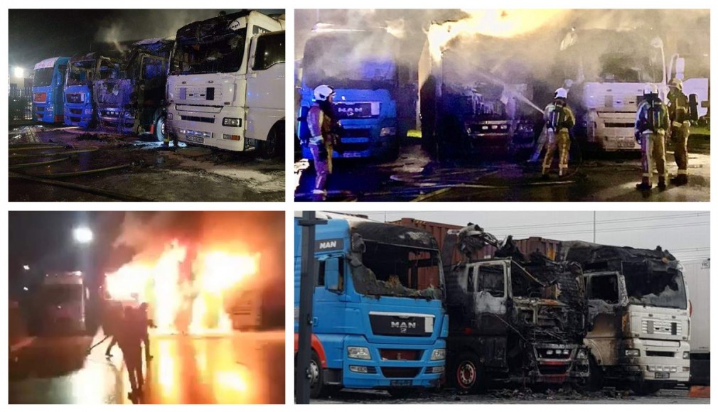 VIDEO: 3 camioane românești, incendiate în parcare, în Belgia