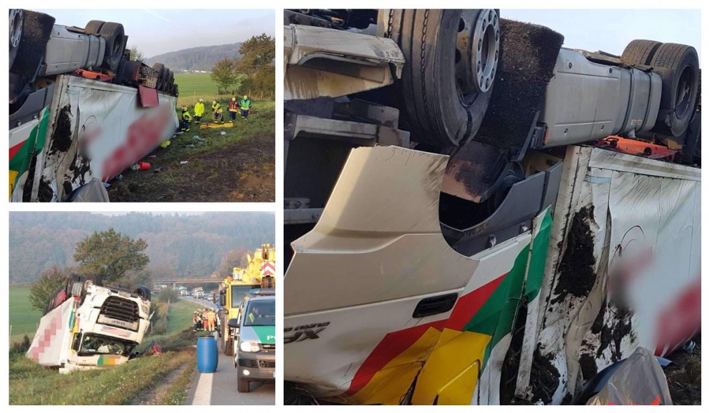 Germania. Un şofer profesionist român a pus camionul cu roţile în sus pe marginea drumului