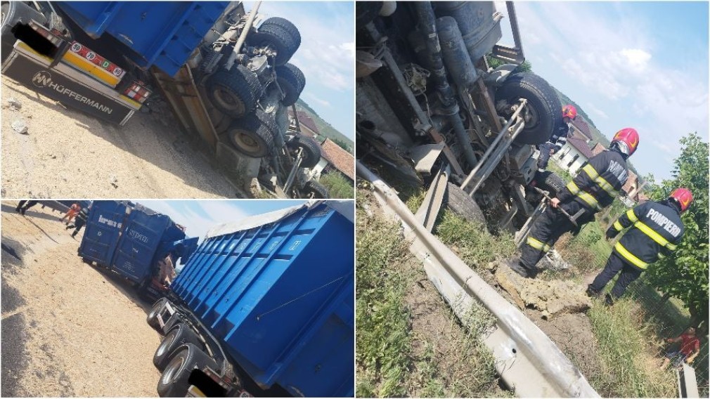 VIDEO. Accident cu două camioane pe autostrada A1, la ieșirea spre Mediaș