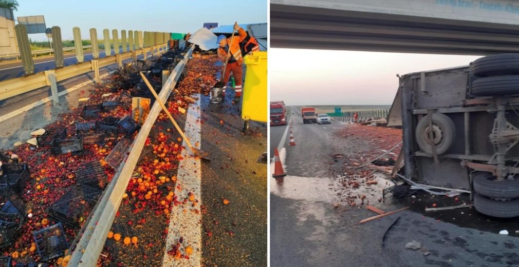 Un camion plin de fructe s-a răsturnat