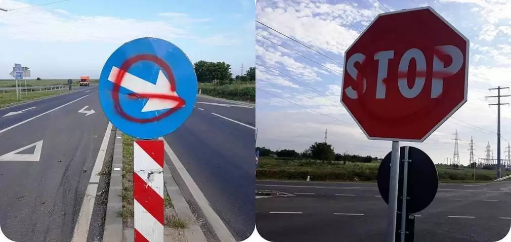FOTO. Indicatoarele rutiere de pe centura Caracalului, vandalizate