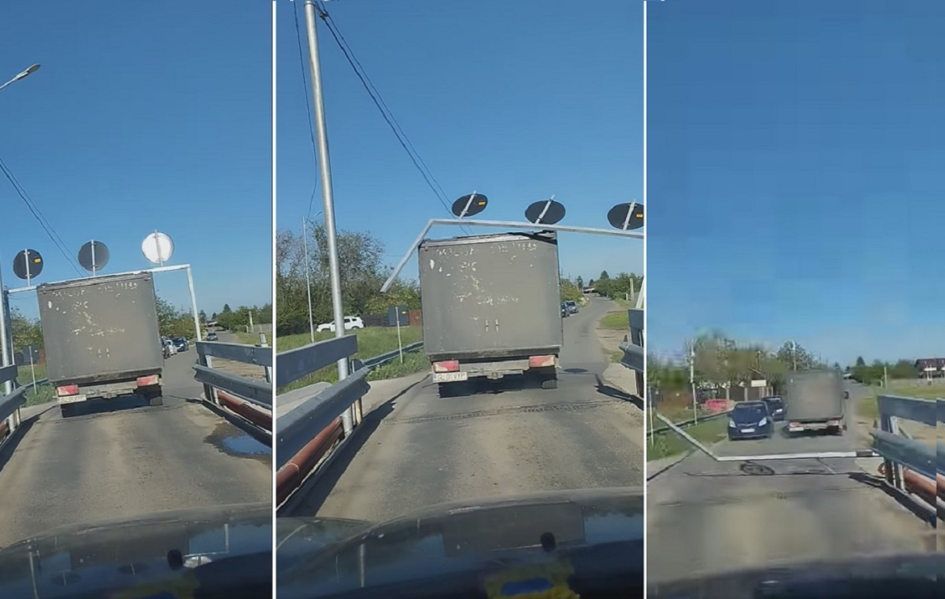 VIDEO Un șofer a doborât cu camionul o poartă de gabarit din Prahova