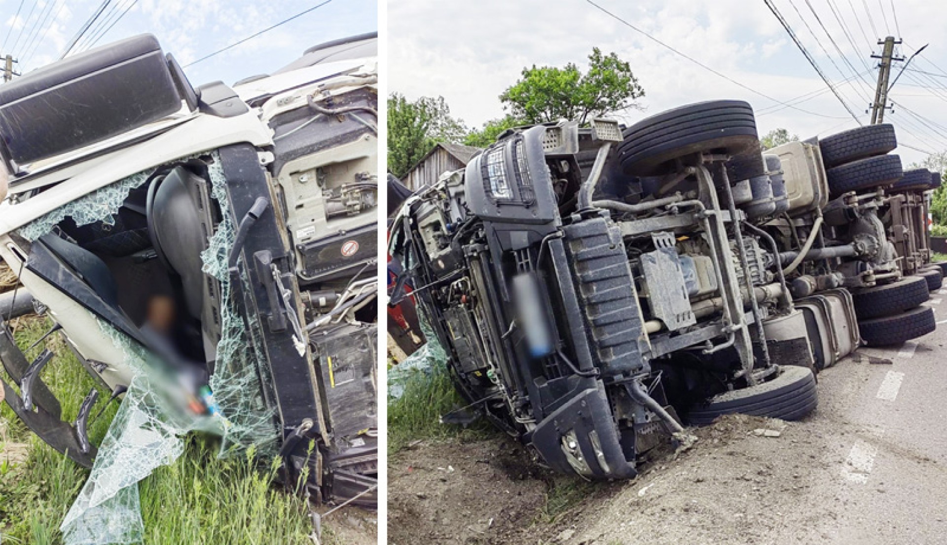 Un camion încărcat cu deșeuri lemnoase s-a răsturnat în Suceava