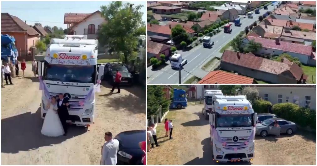 VIDEO Un alai de camion a însoțit un cuplu de însurăței