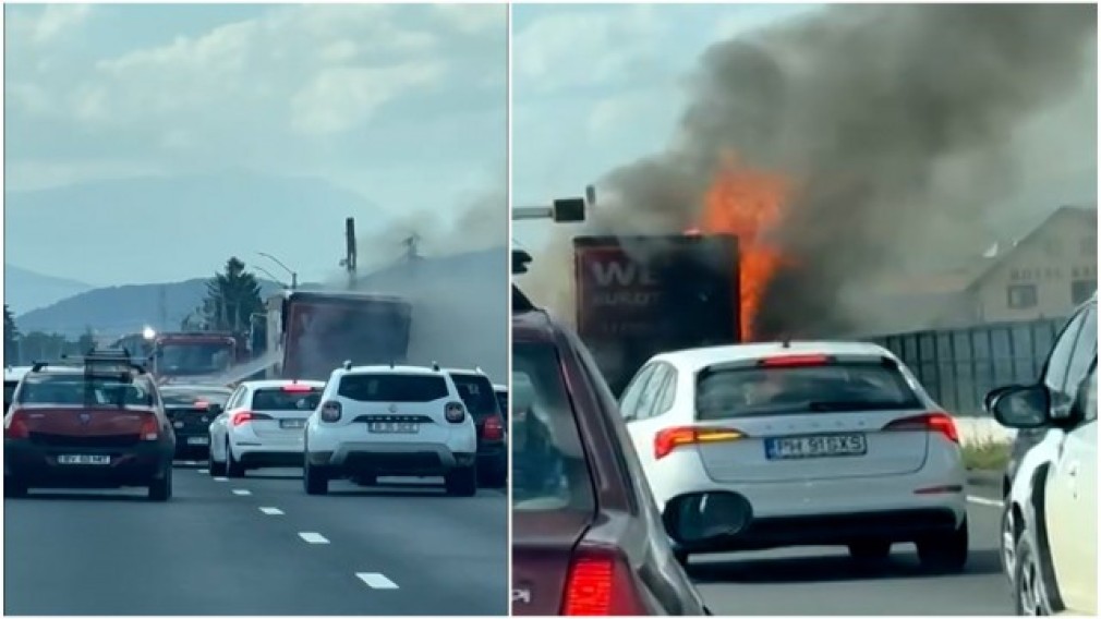 VIDEO. Camion încărcat cu mălai, cuprins de flăcări în mers, pe DN1