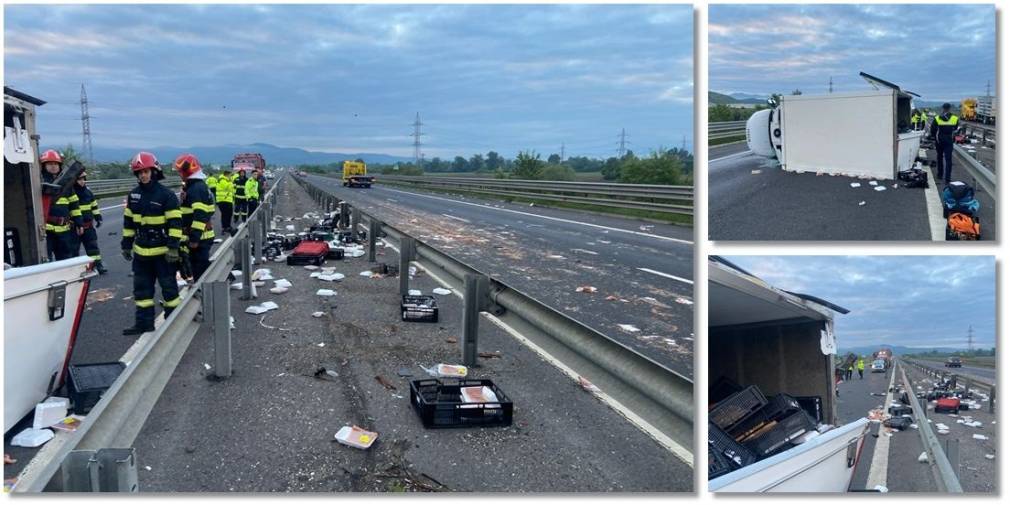 Două dube de marfă s-au ciocnit pe autostradă. Lăzi cu carne, împrăștiate