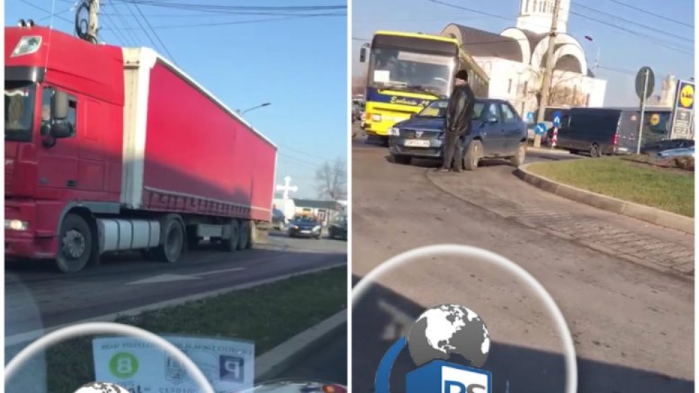VIDEO. Un camion și un Logan s-au ciocnit în sensul giratoriu