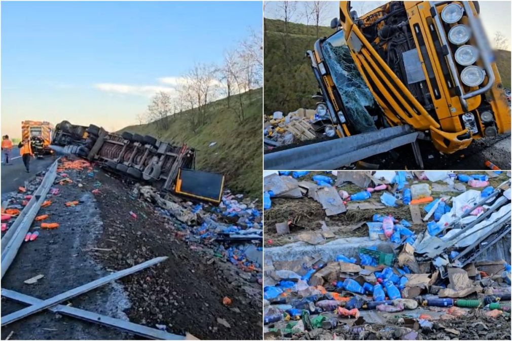 VIDEO. Camion cu 2.000 de litri de detergent lichid s-a răsturnat pe Autostrada A2