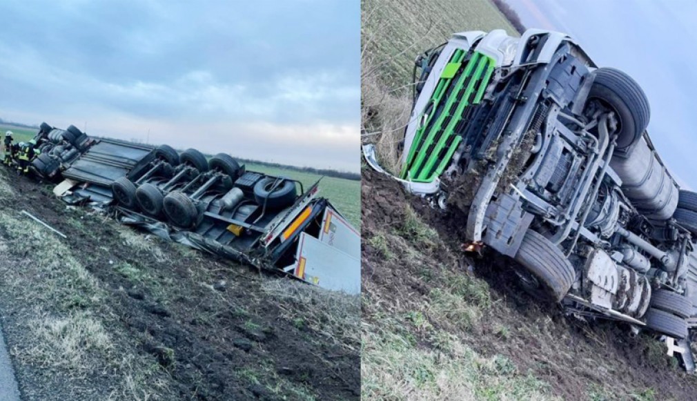 DN7. Camion cu semiremorcă, răsturnat la ieșirea din Pecica spre Nădlac