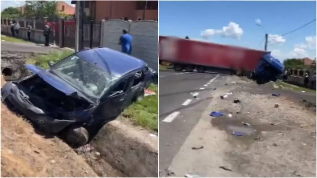 Nu a oprit la STOP. Mașina sa a fost izbită de camion