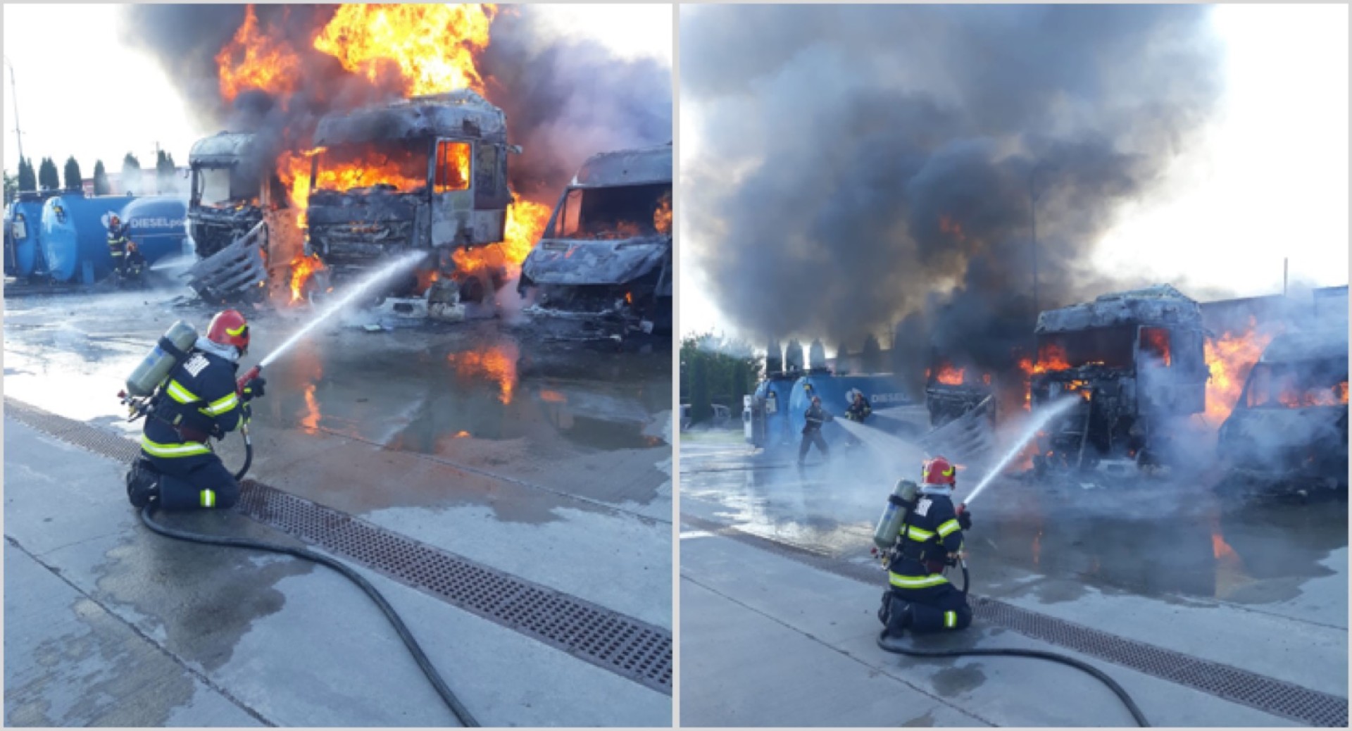 VIDEO. Două camioane au ars complet. Focul a amenințat alte câteva zeci de camioane