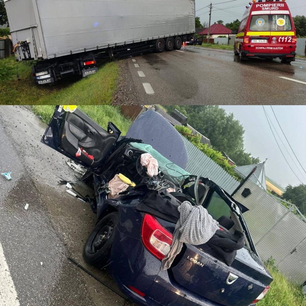 O dacia Logan a fost decapitată de un camion