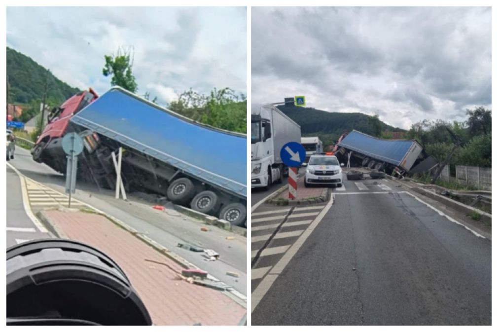 Un camion a ieșit în decor și a doborât 2 stâlpi