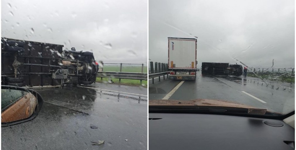 VIDEO. Camion răsturnat pe Autostrada către Arad