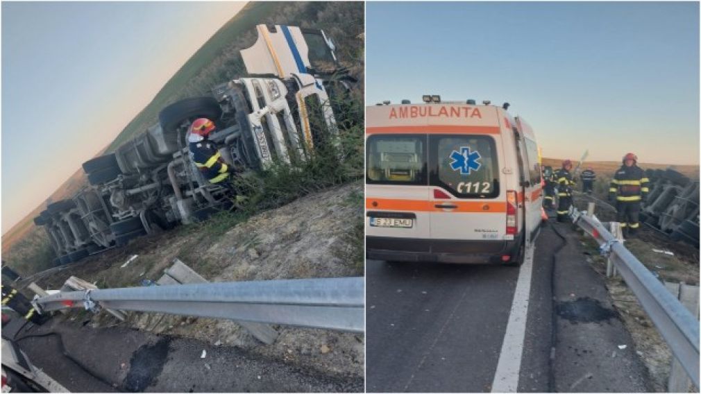 Un camion cu cereale s-a răsturnat pe un câmp din Iași