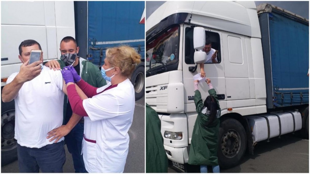 VIDEO Un șofer profesionist s-a dus cu camionul să se vaccineze anti-COVID