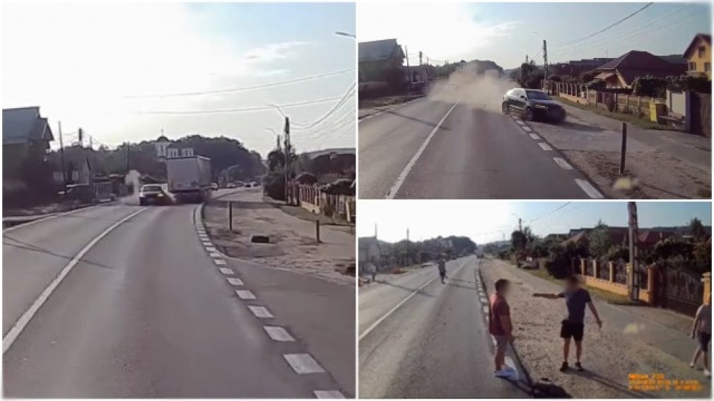 VIDEO Momentul în care o mașină intră pe contrasens și lovește un camion