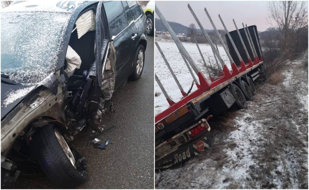 Un camion a ieșit în decor după ce a fost izbit de un autoturism