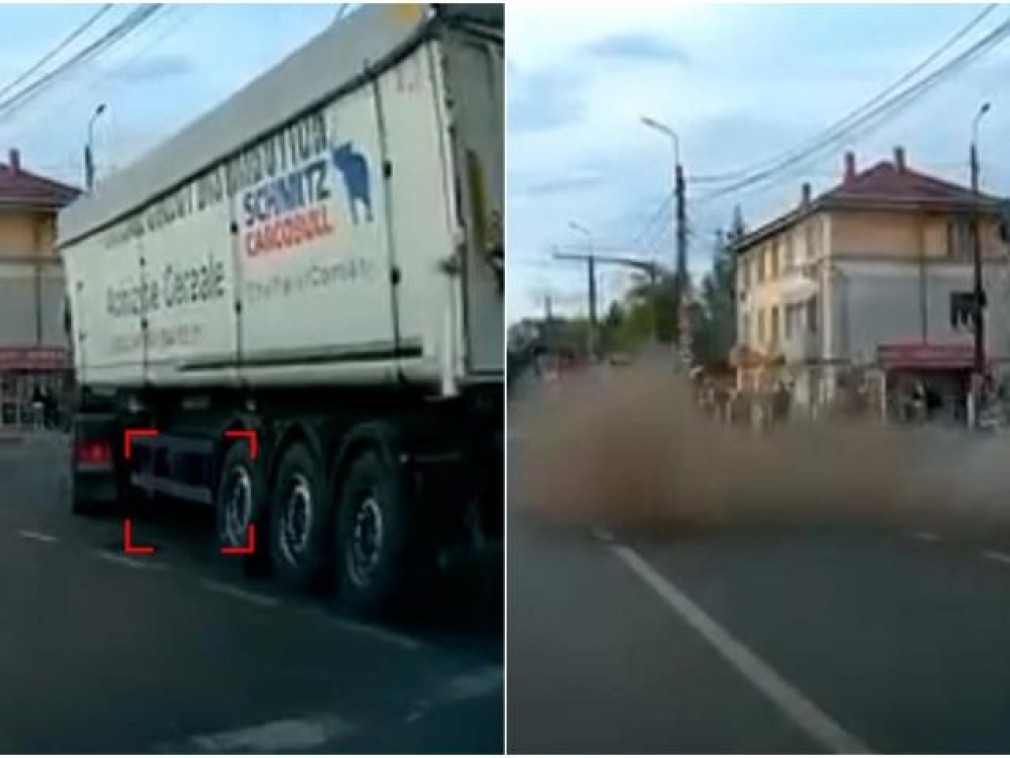 VIDEO Anvelopa unui camion a explodat, iar intersecţia s-a umplut de un fum înecăcios
