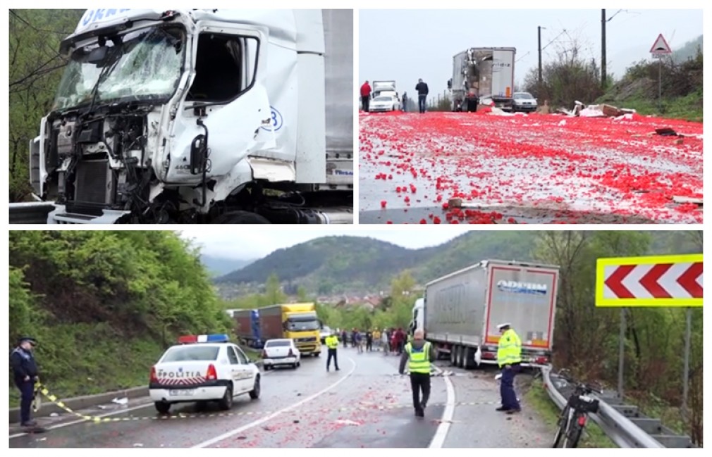 DN 6: Şoseaua acoperită cu dopuri de plastic, după impactul violent a două camioane