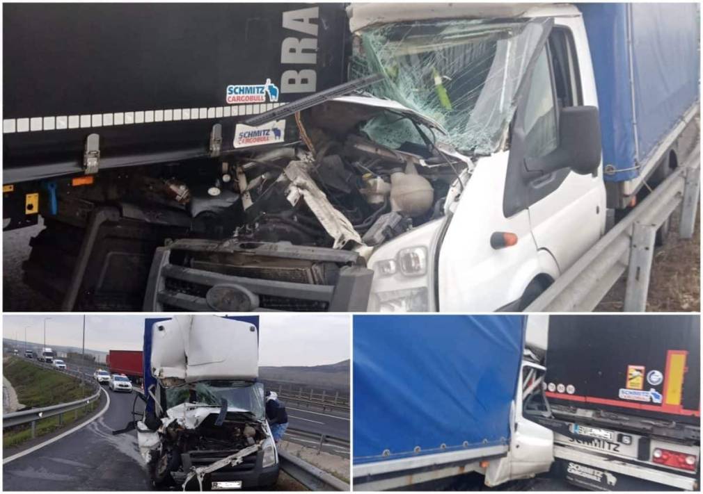 Impact între un camion și autoutilitară pe autostradă