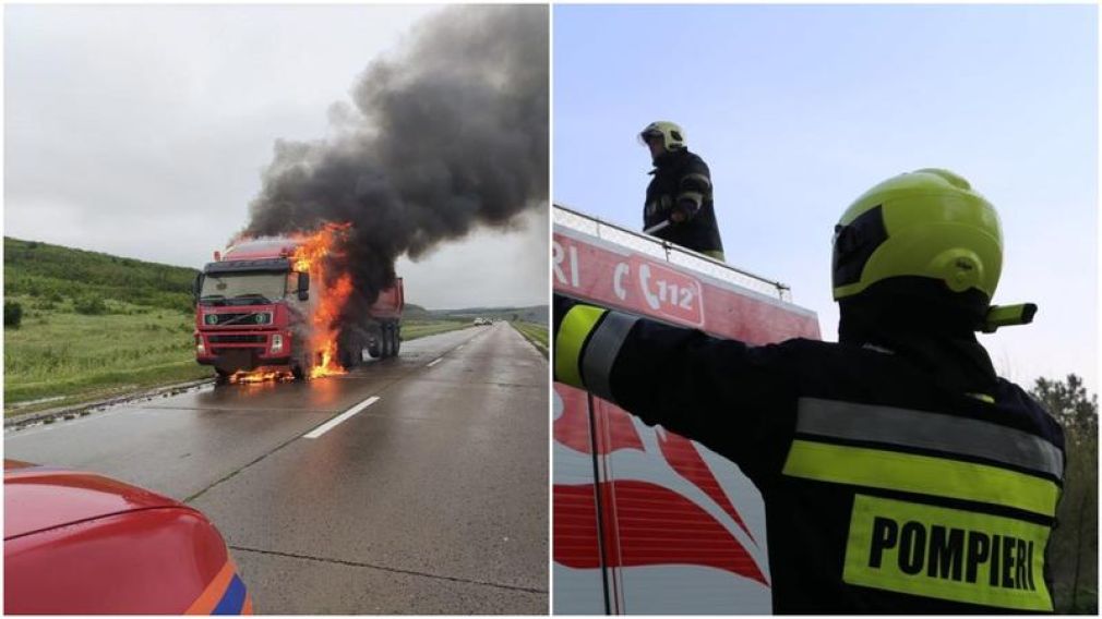 Un camion a ars ca o torță. Cabina s-a făcut scrum