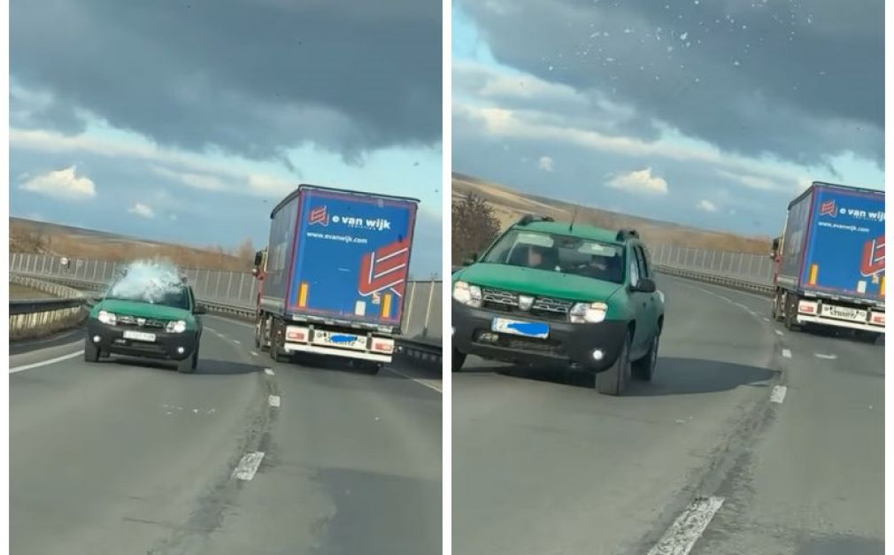 VIDEO Bucăți mari de gheață au căzut de pe un camion. Șoferi, în pericol