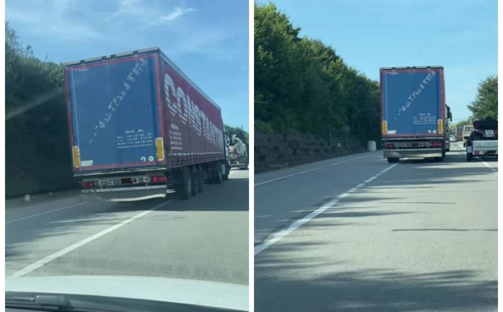 VIDEO Un camion și o betonieră s-au depășit pe linie continuă