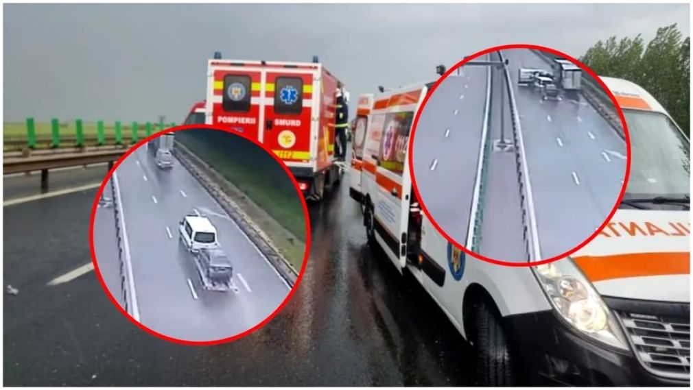 VIDEO Momentul în care un microbuz intră într-un camion care staționa pe autostradă