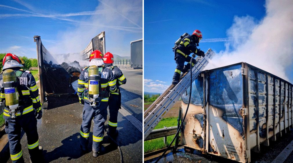Un camion încărcat cu cauciucuri a ars ca o torță