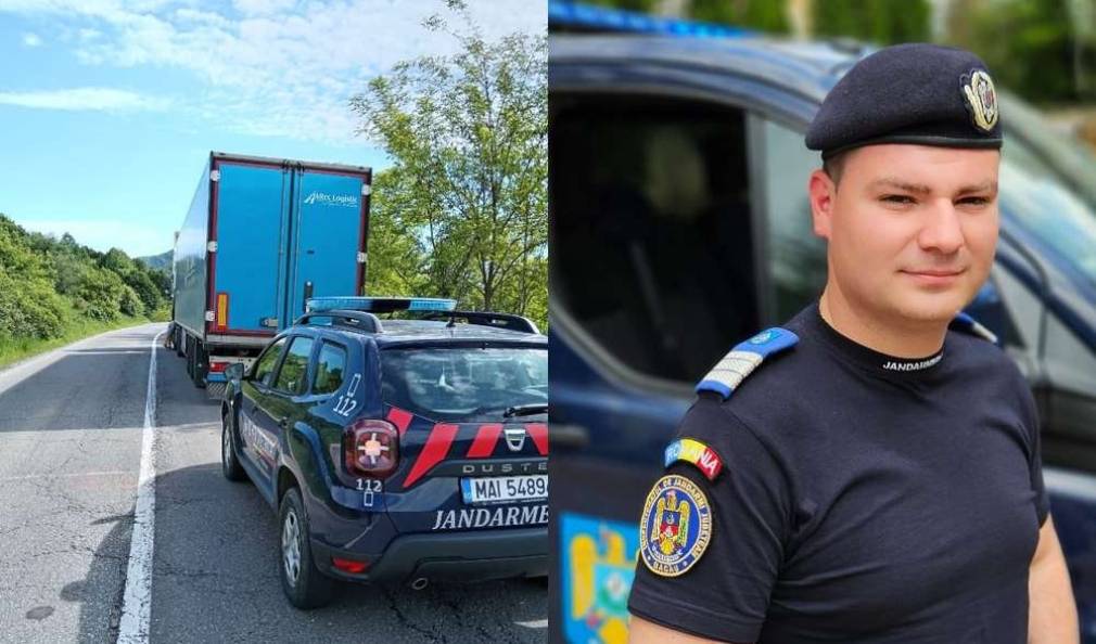 Un șofer de camion a rămas în pană și a fost ajutat de un jandarm