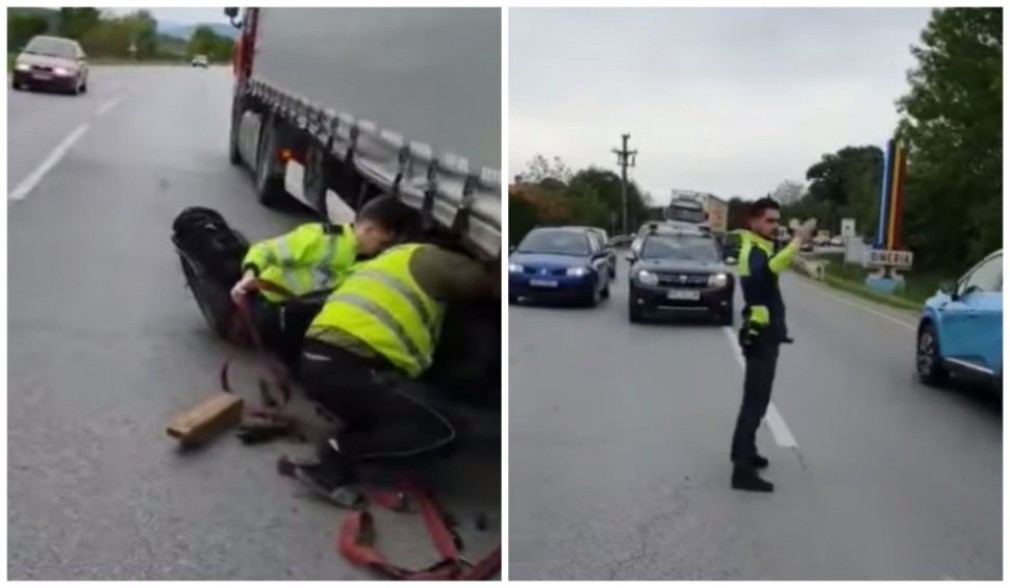 VIDEO. Trei polițiști l-au ajutat pe un șofer de camion să repare pana